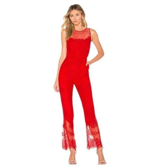 NBD Pants - X by NBD Rafaela all over lace pants jumpsuit in Red Rose size XS